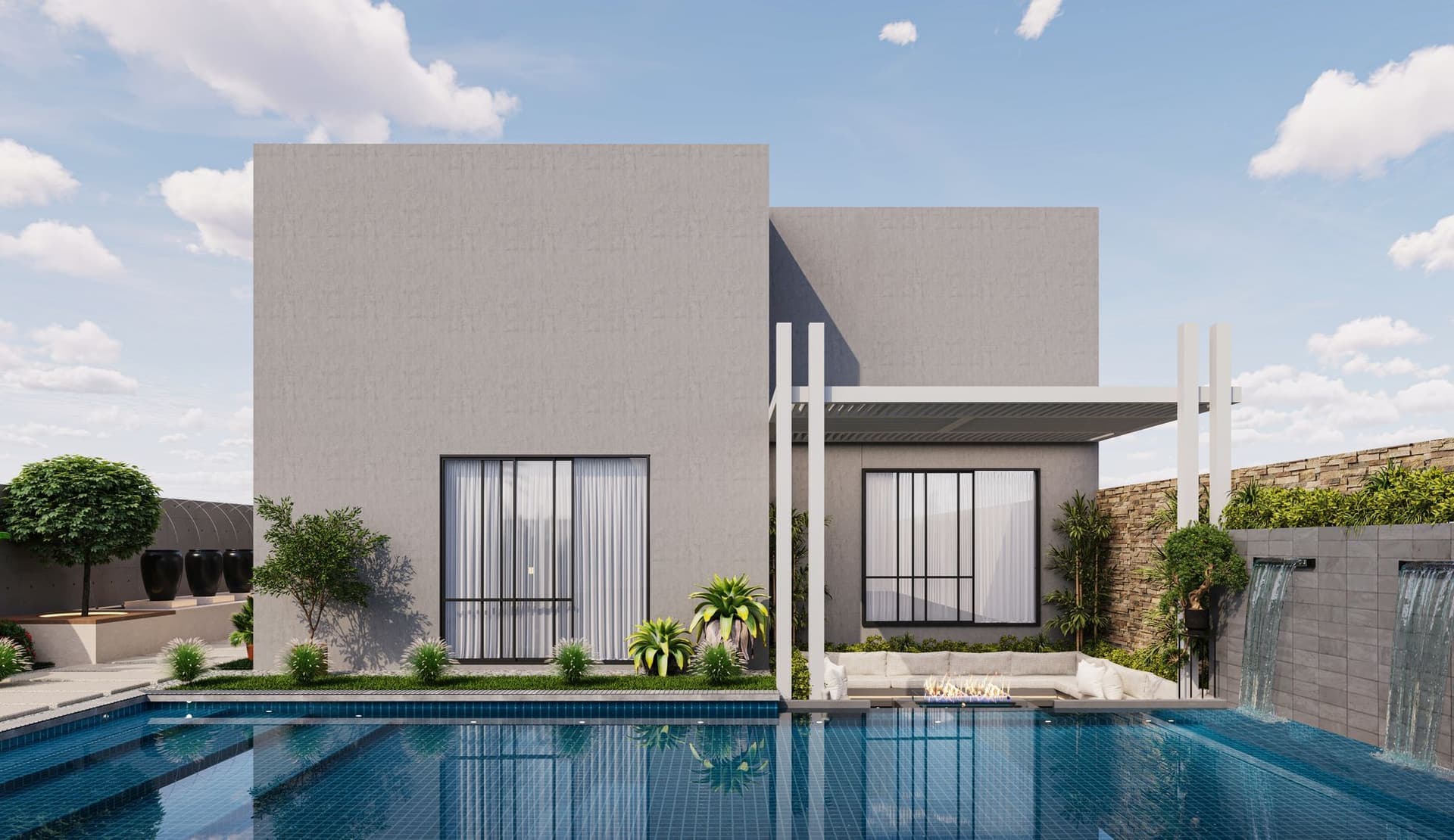 A contemporary villa with a still pool in daylight